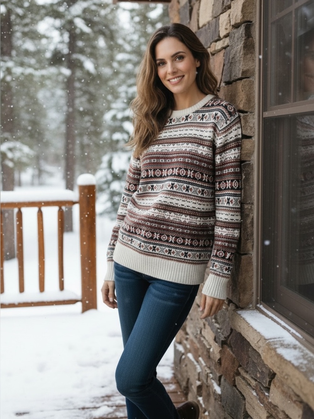NAADAM Fair Isle Crewneck Sweater in Cream, Brown & Blue size XL